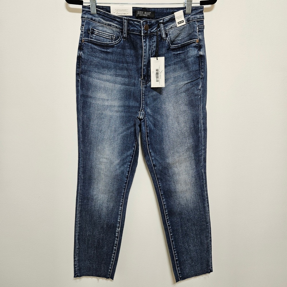 Judy Blue High Rise Raw Hem Relaxed Fit Jeans Dark Blue Distressed JB88191 9 29
